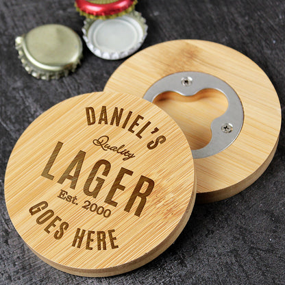 Personalised Free Text Bamboo Bottle Opener Coaster